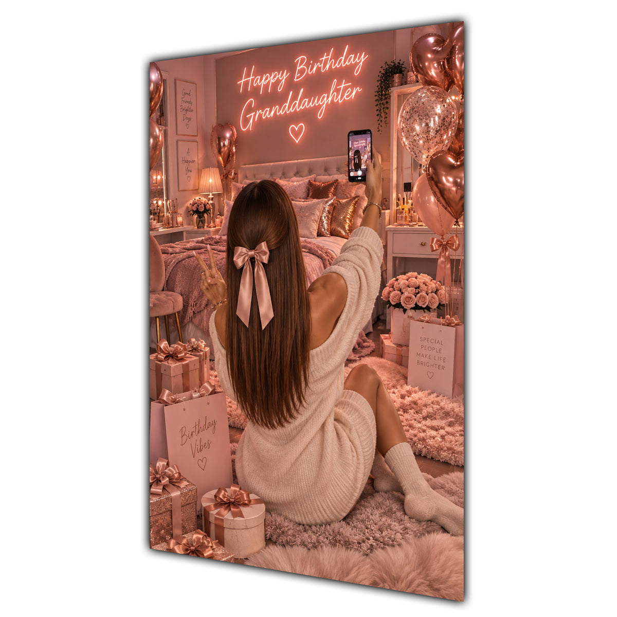 Happy Birthday Granddaughter Brown Hair Rose Gold Selfie Card A5