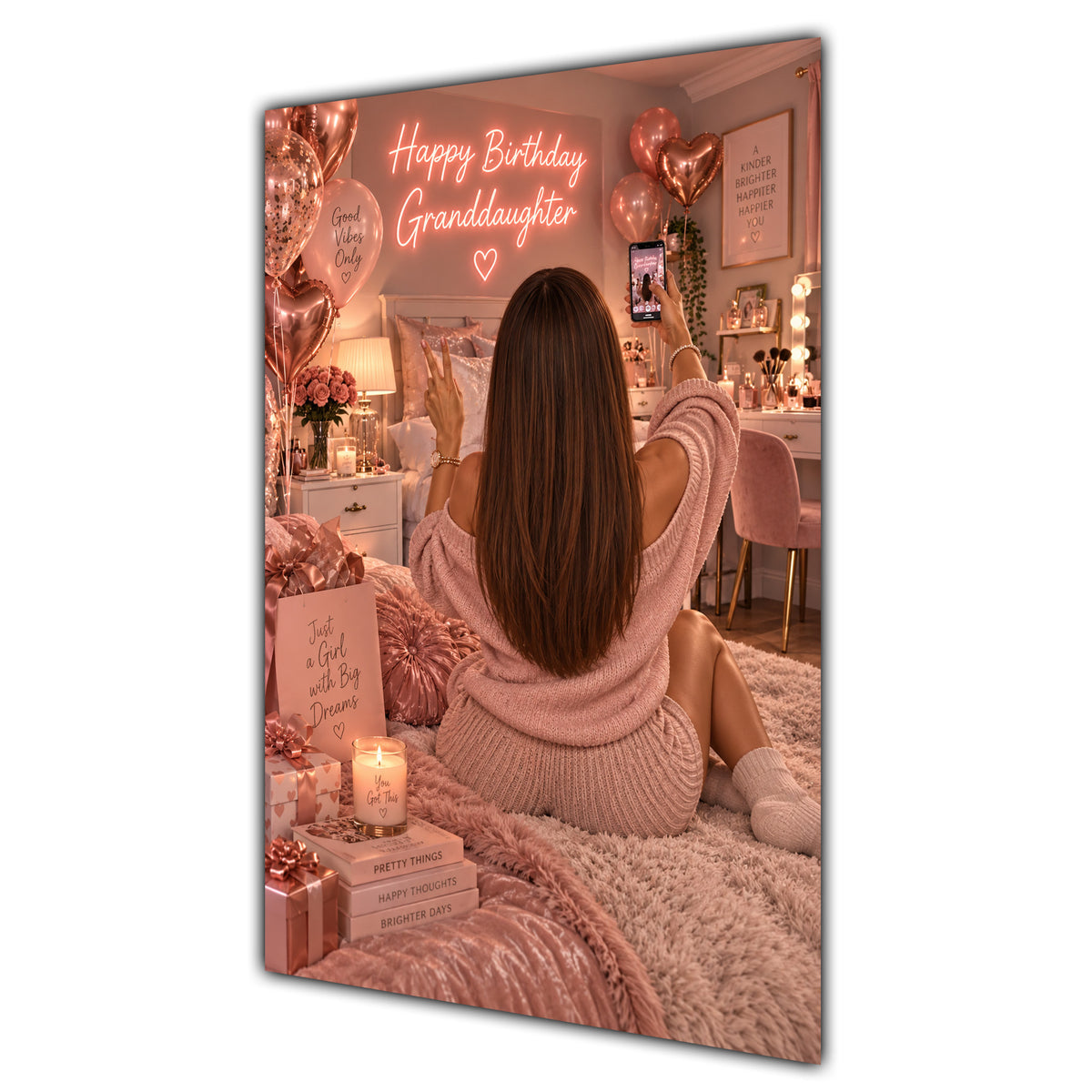 Happy Birthday Granddaughter Brown Hair Rose Gold Selfie Card A5