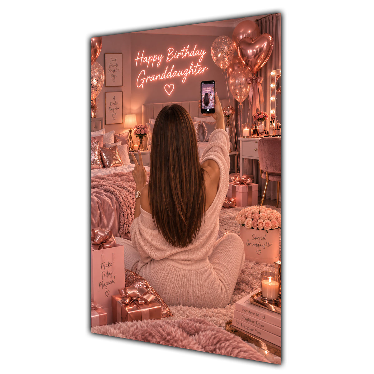 Happy Birthday Granddaughter Brown Hair Rose Gold Selfie Card A5