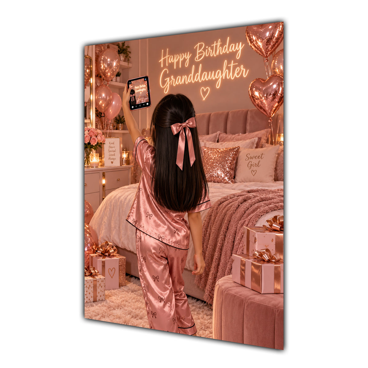 Happy Birthday Granddaughter Black Hair Rose Gold Selfie Card A5