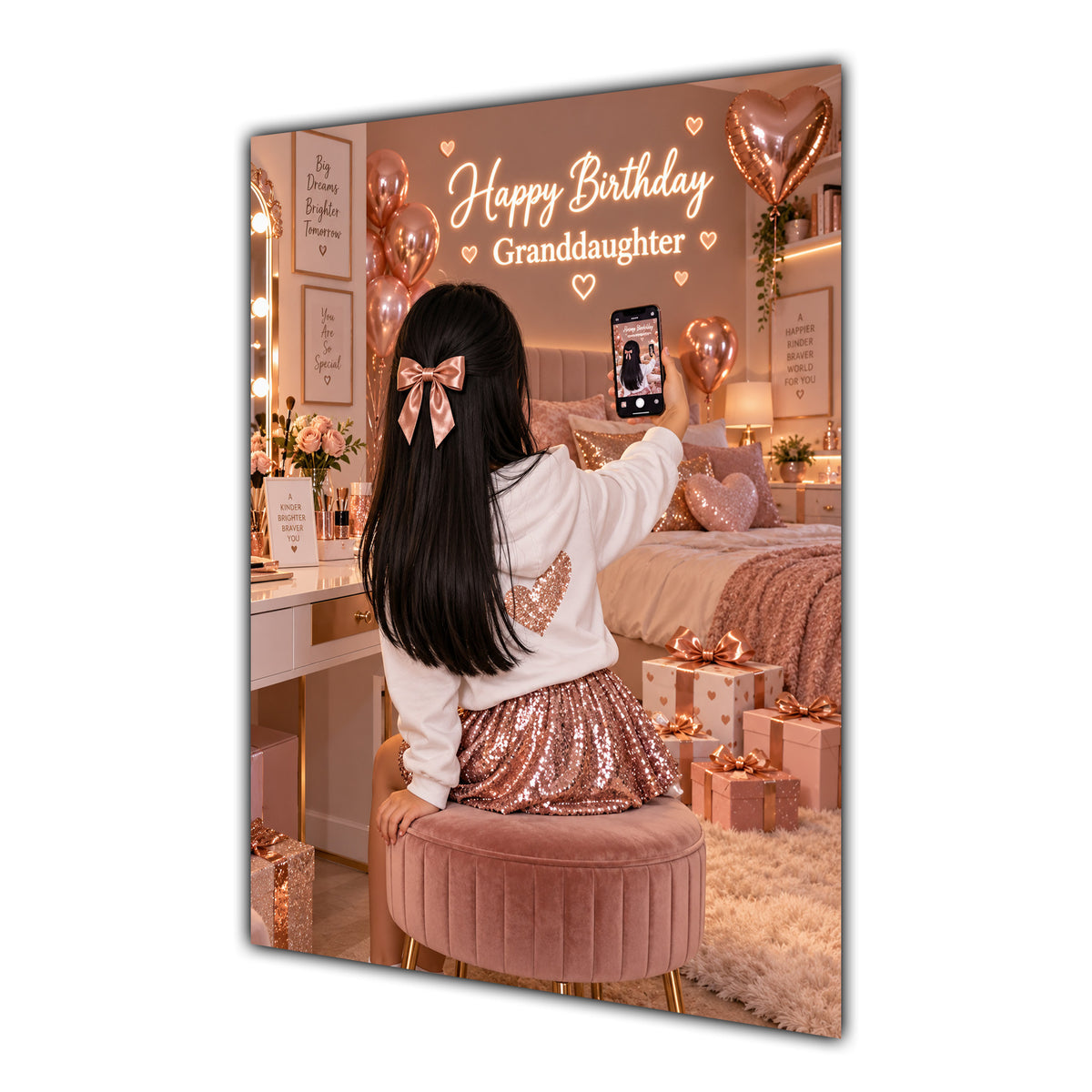 Happy Birthday Granddaughter Black Hair Rose Gold Selfie Card A5