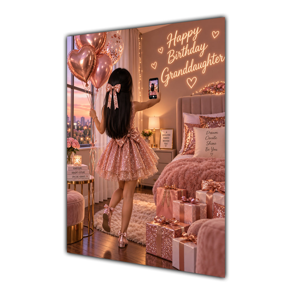 Happy Birthday Granddaughter Black Hair Rose Gold Selfie Card A5