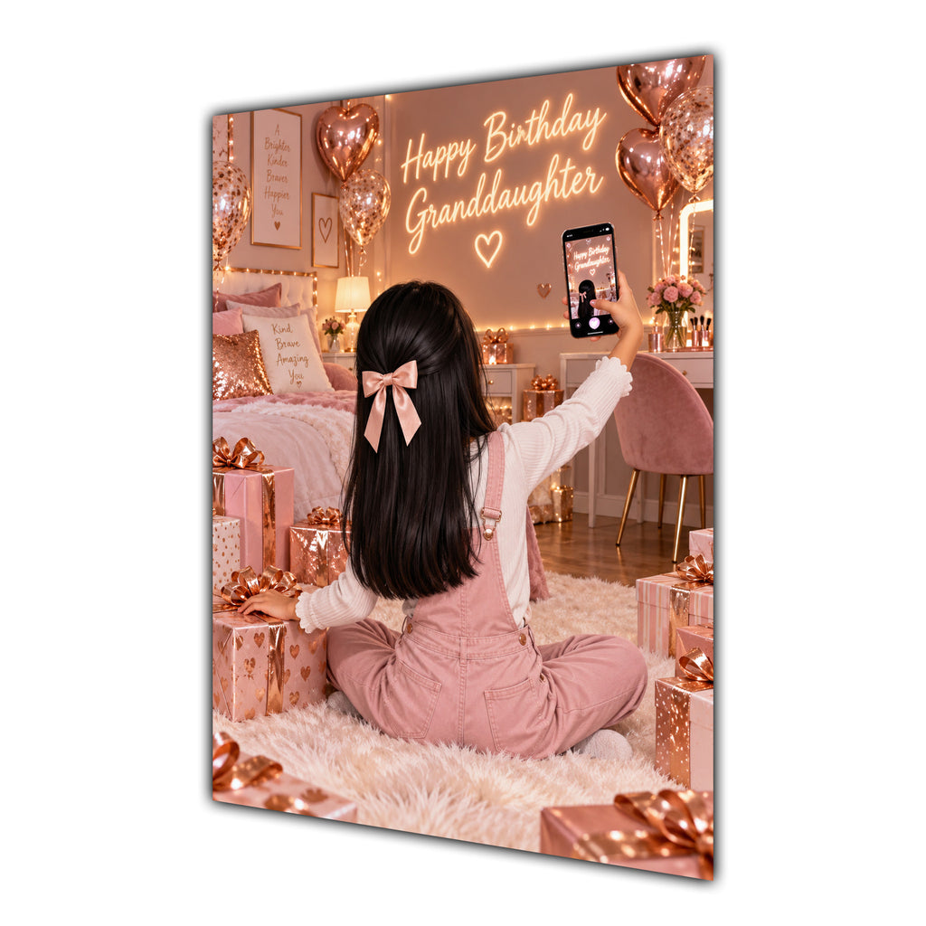 Happy Birthday Granddaughter Black Hair Rose Gold Selfie Card A5