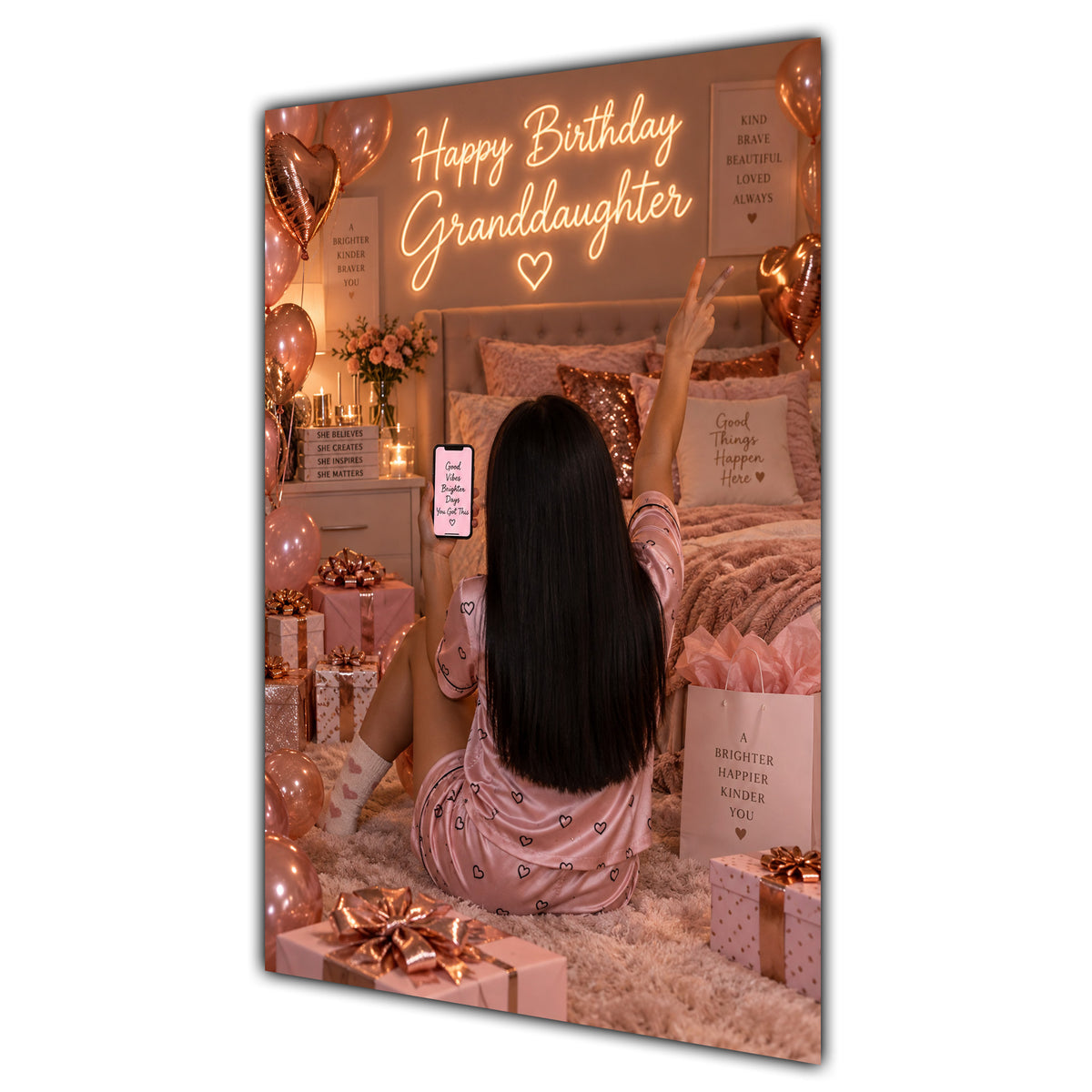 Happy Birthday Granddaughter Black Hair Rose Gold Selfie Card A5