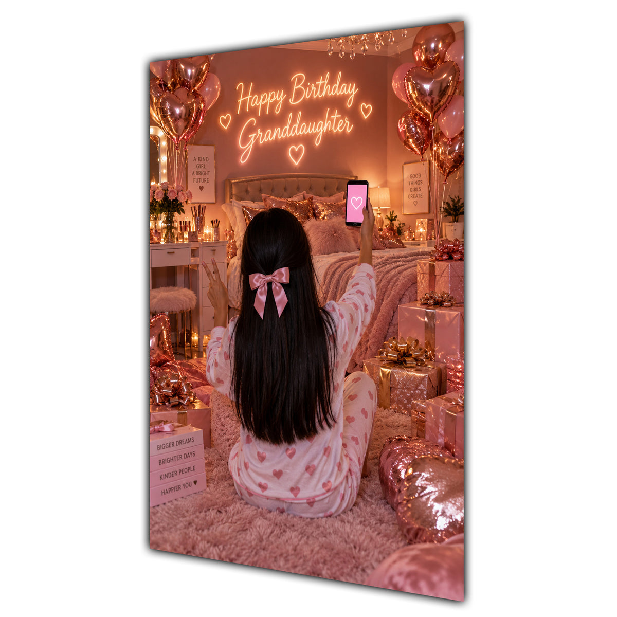 Happy Birthday Granddaughter Black Hair Rose Gold Selfie Card A5