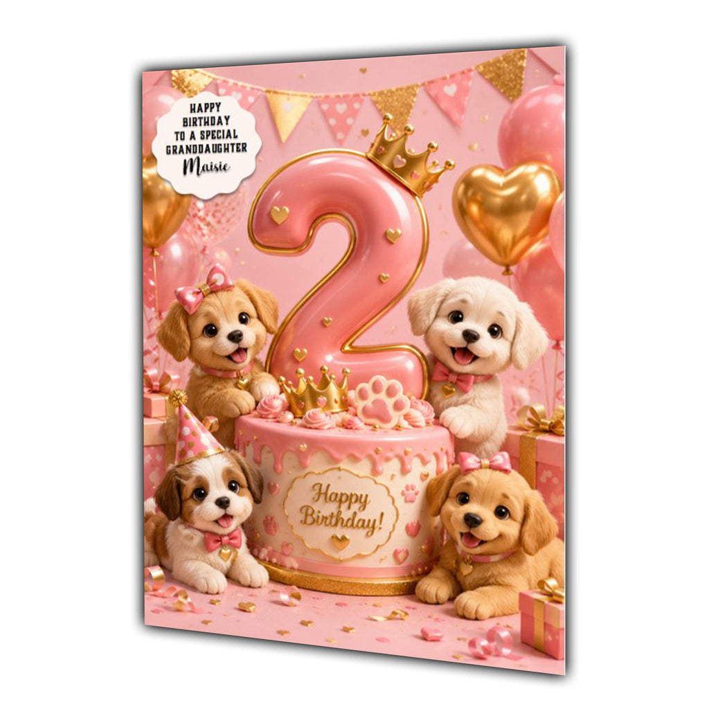 2nd Birthday Card Girl Puppy Dog Granddaughter Daughter Large A5 Size