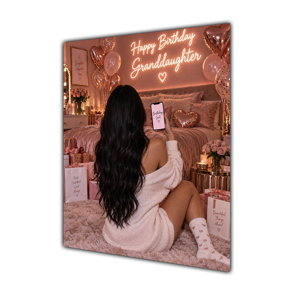 Happy Birthday Granddaughter Black Hair Rose Gold Selfie Card A5