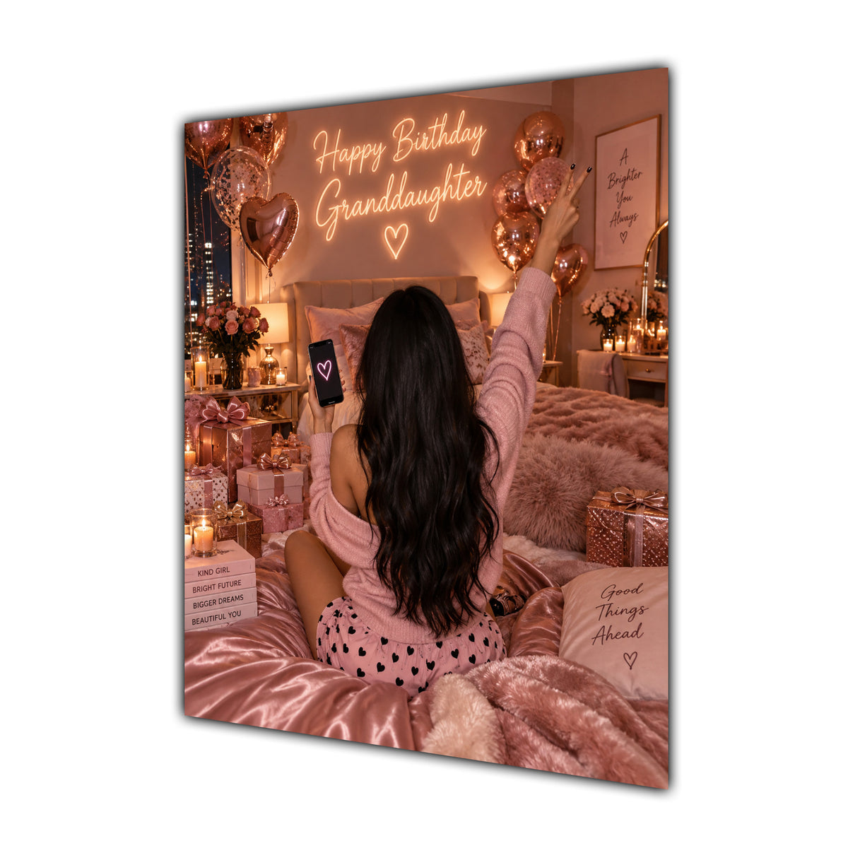 Happy Birthday Granddaughter Black Hair Rose Gold Selfie Card A5