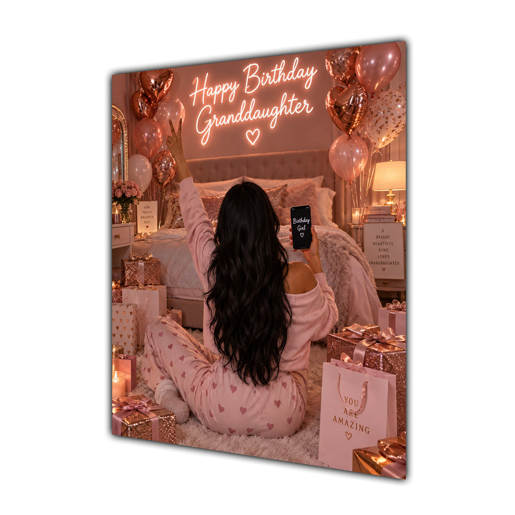 Happy Birthday Granddaughter Black Hair Rose Gold Selfie Card A5