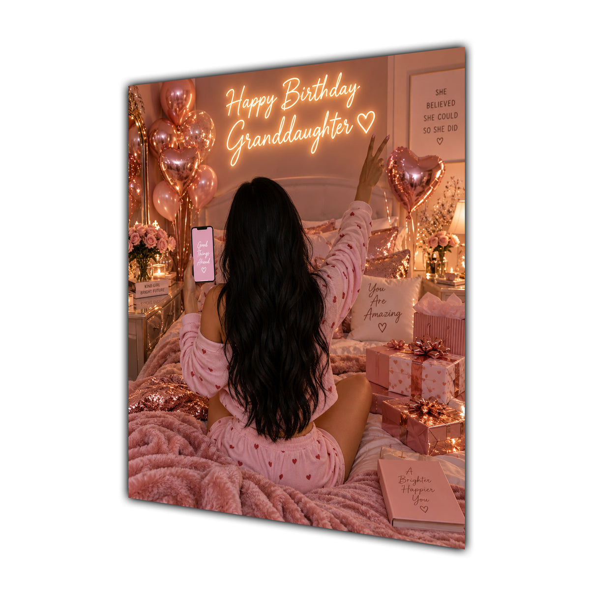 Happy Birthday Granddaughter Black Hair Rose Gold Selfie Card A5