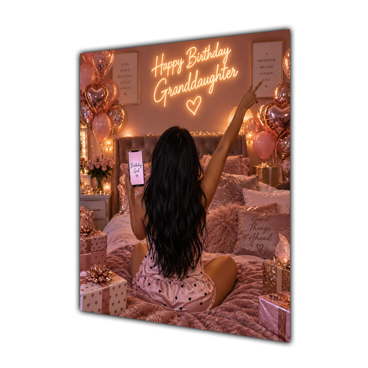 Happy Birthday Granddaughter Black Hair Rose Gold Selfie Card A5