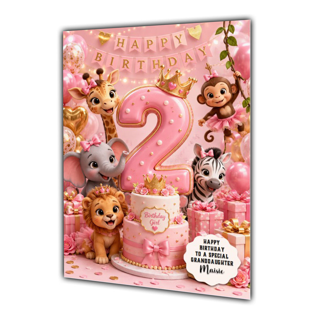 2nd Birthday Card Girl Safari Animals Granddaughter Daughter Large A5 Size