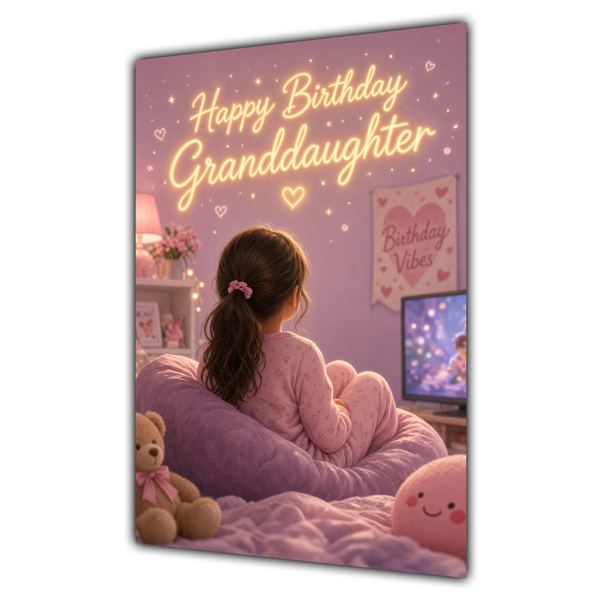 Happy Birthday Granddaughter Brown Hair Pink TV Bedroom Card A5