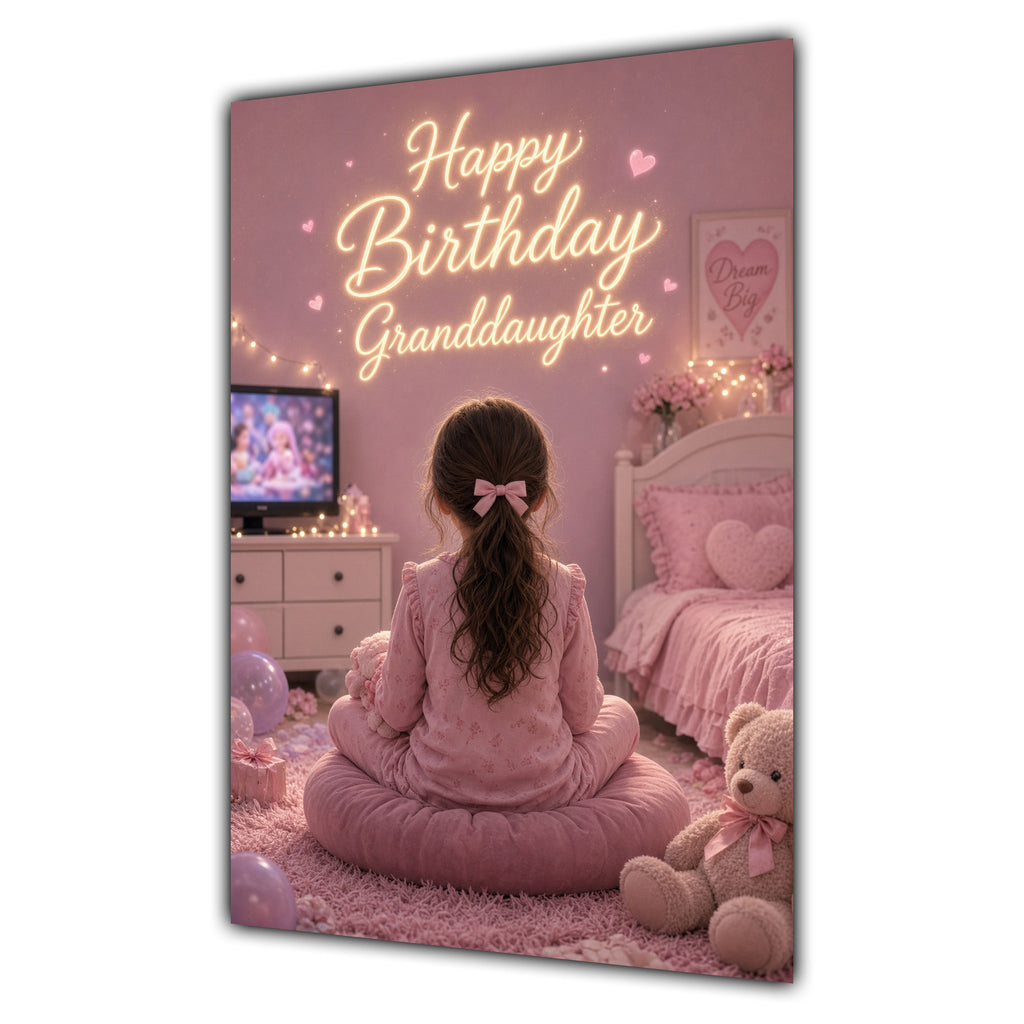 Happy Birthday Granddaughter Brown Hair Pink TV Bedroom Card A5