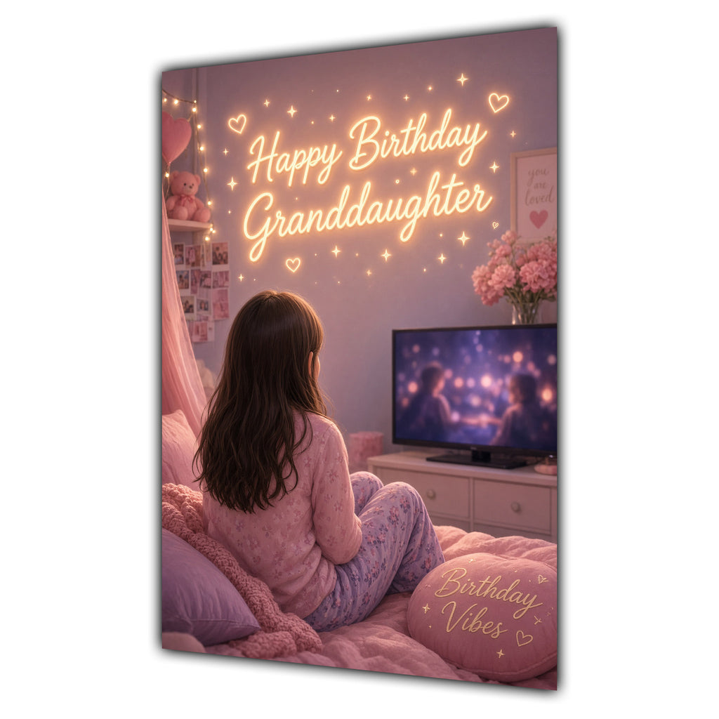 Happy Birthday Granddaughter Brown Hair Pink TV Bedroom Card A5