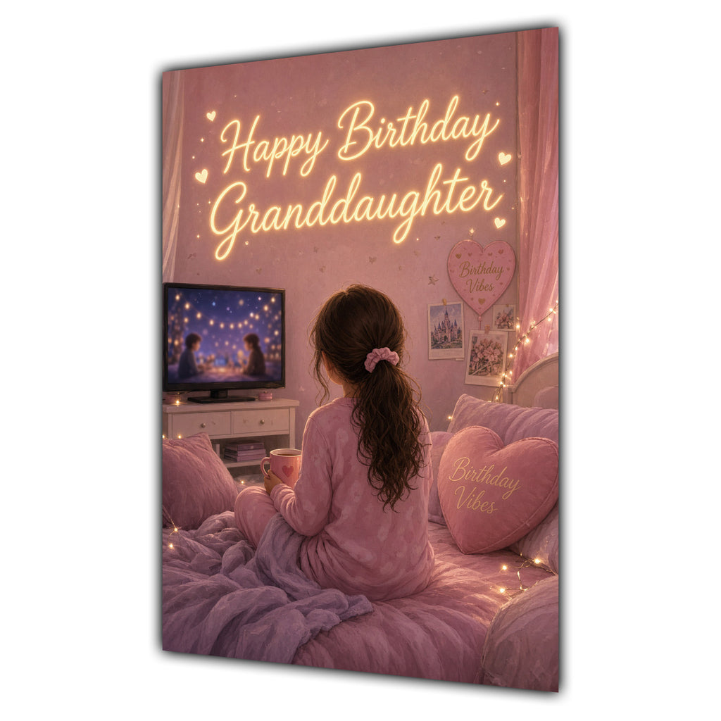 Happy Birthday Granddaughter Brown Hair Pink TV Bedroom Card A5