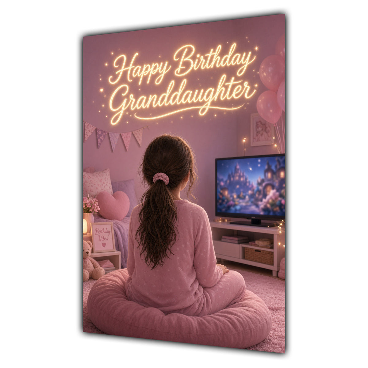 Happy Birthday Granddaughter Brown Hair Pink TV Bedroom Card A5