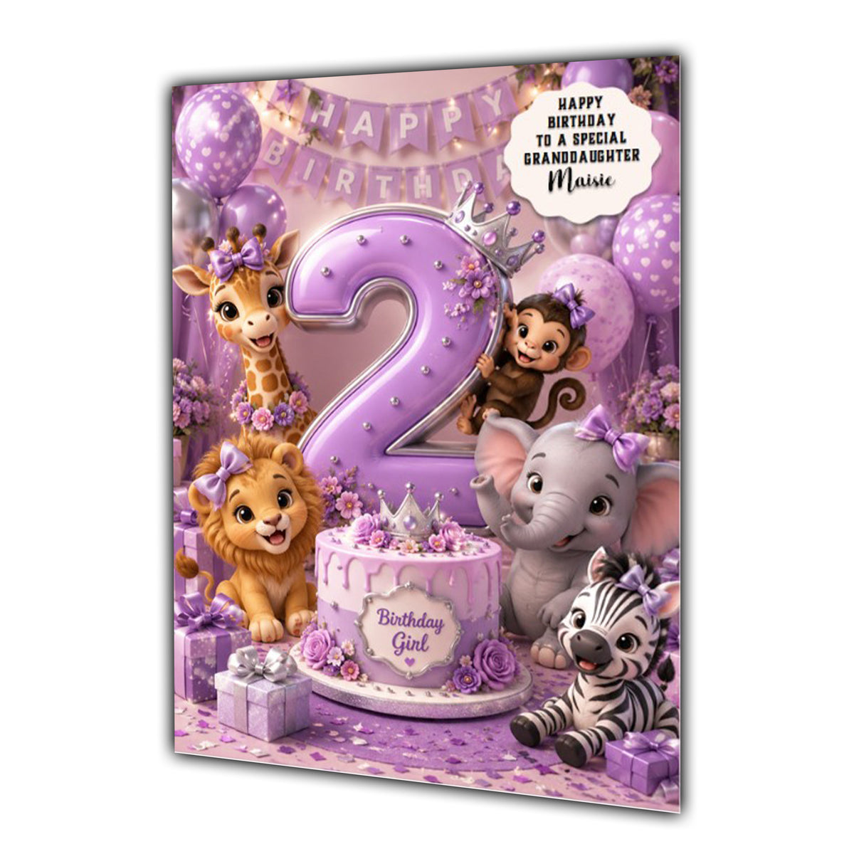 2nd Birthday Card Girl Lion Monkey Granddaughter Daughter Large A5 Size