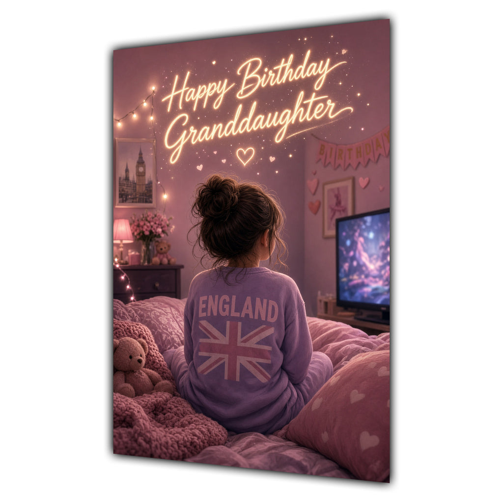 Happy Birthday Granddaughter Brown Hair Pink TV Bedroom Card A5