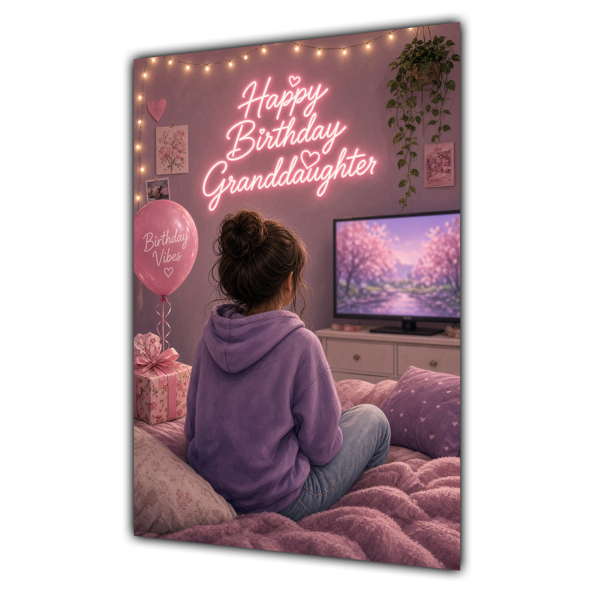 Happy Birthday Granddaughter Brown Hair Pink TV Bedroom Card A5