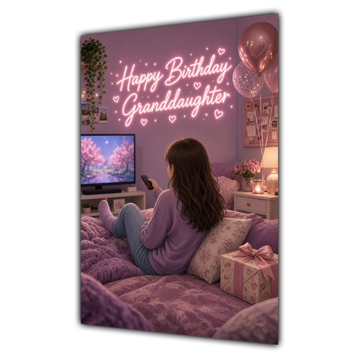 Happy Birthday Granddaughter Brown Hair Pink TV Bedroom Card A5