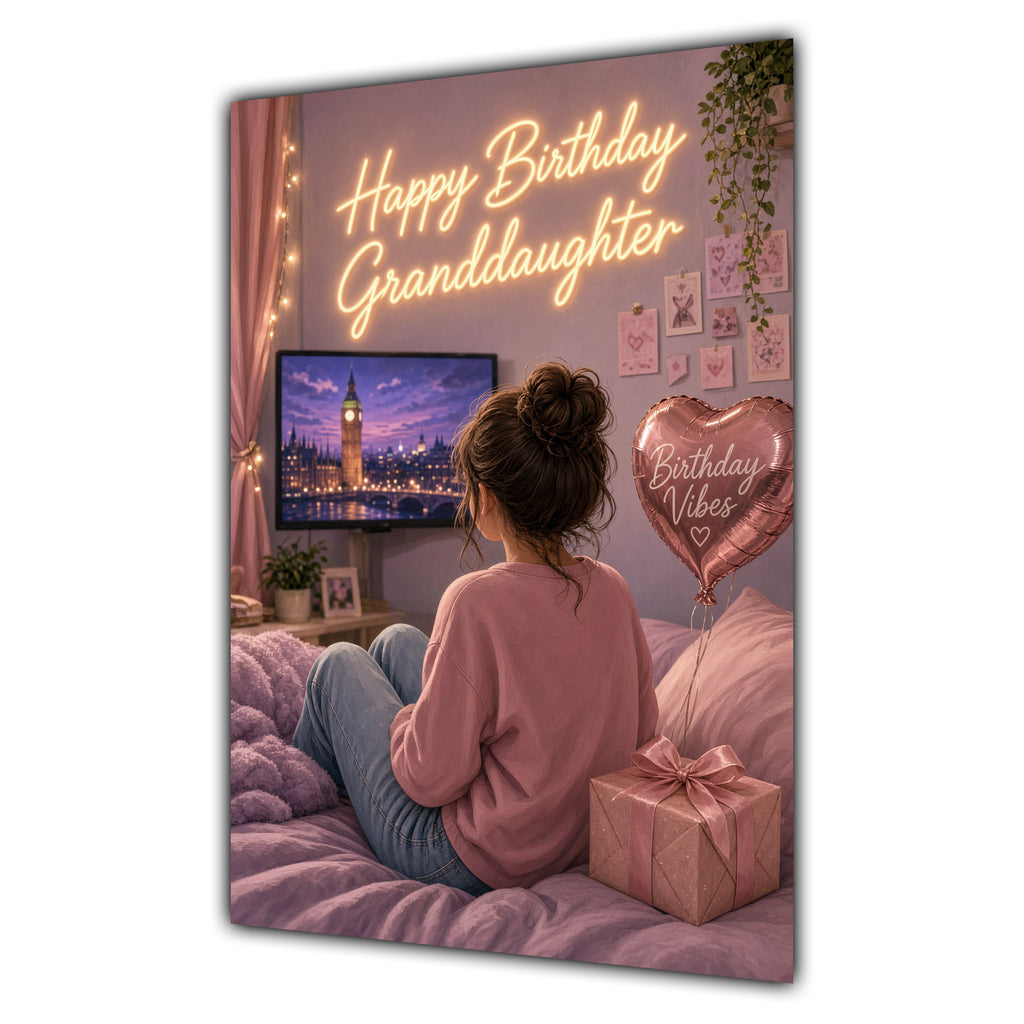 Happy Birthday Granddaughter Brown Hair Pink TV Bedroom Card A5