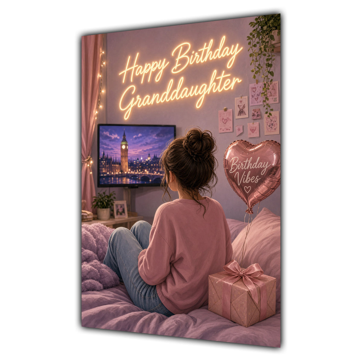Happy Birthday Granddaughter Brown Hair Pink TV Bedroom Card A5
