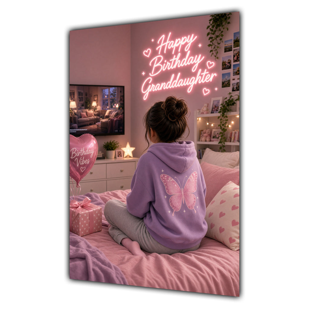 Happy Birthday Granddaughter Brown Hair Pink TV Bedroom Card A5