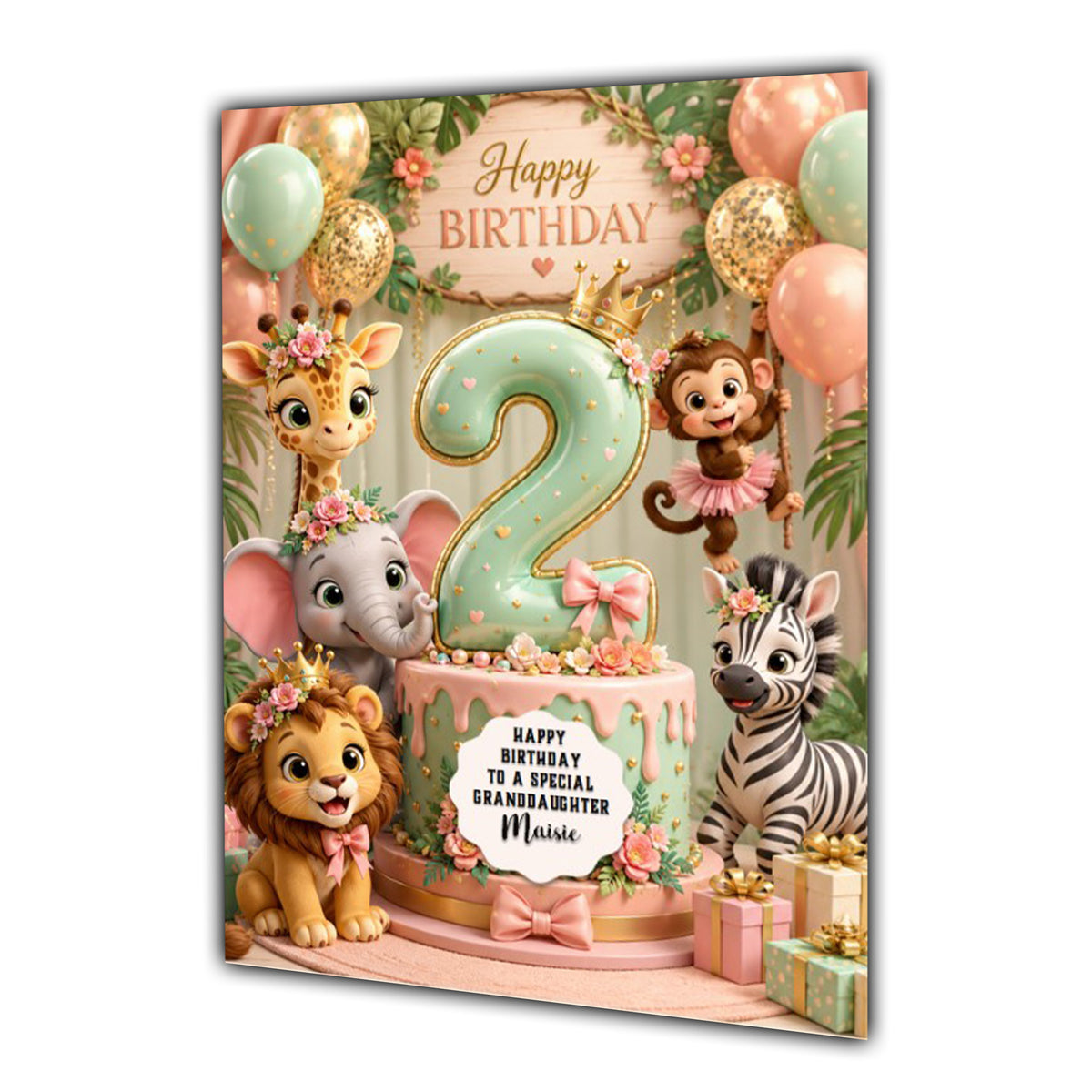 2nd Birthday Card For Girls, Daughter, Granddaughter, Niece, Sister, Jungle Animal Girl,
