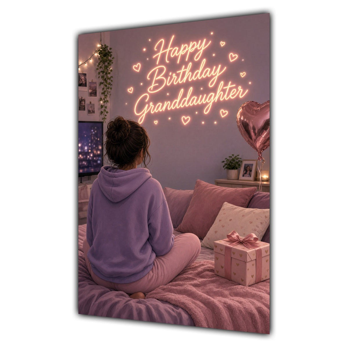Happy Birthday Granddaughter Brown Hair Pink TV Bedroom Card A5