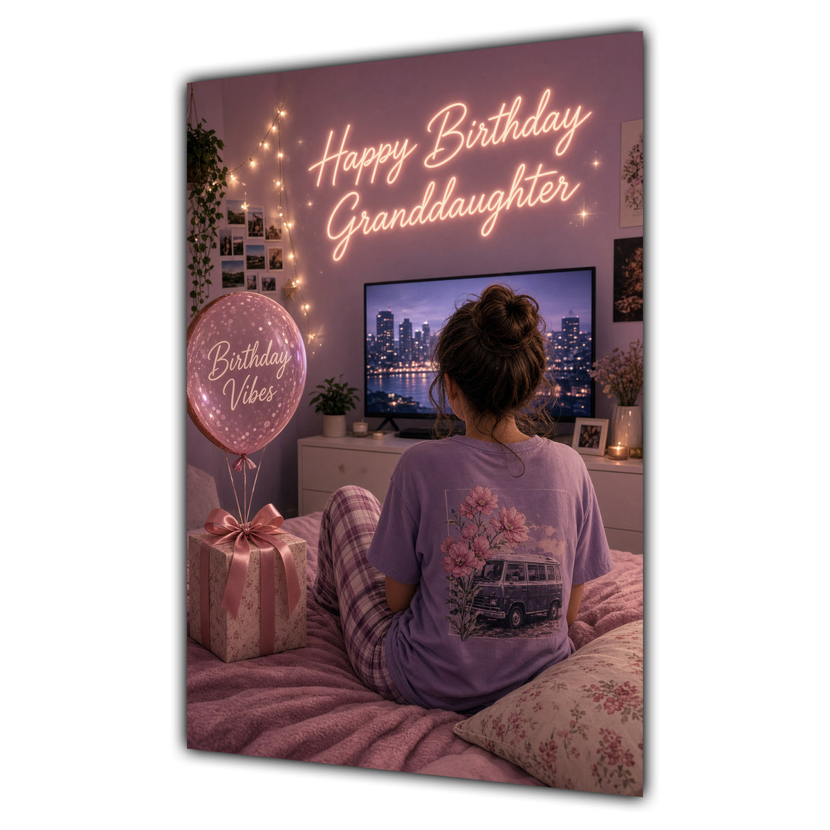 Happy Birthday Granddaughter Brown Hair Pink TV Bedroom Card A5