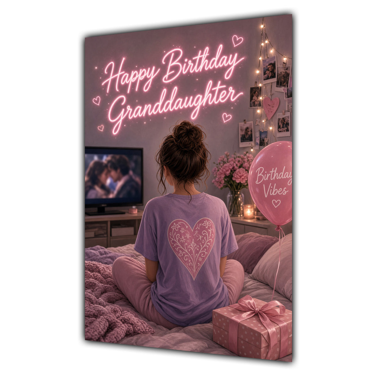 Happy Birthday Granddaughter Brown Hair Pink TV Bedroom Card A5