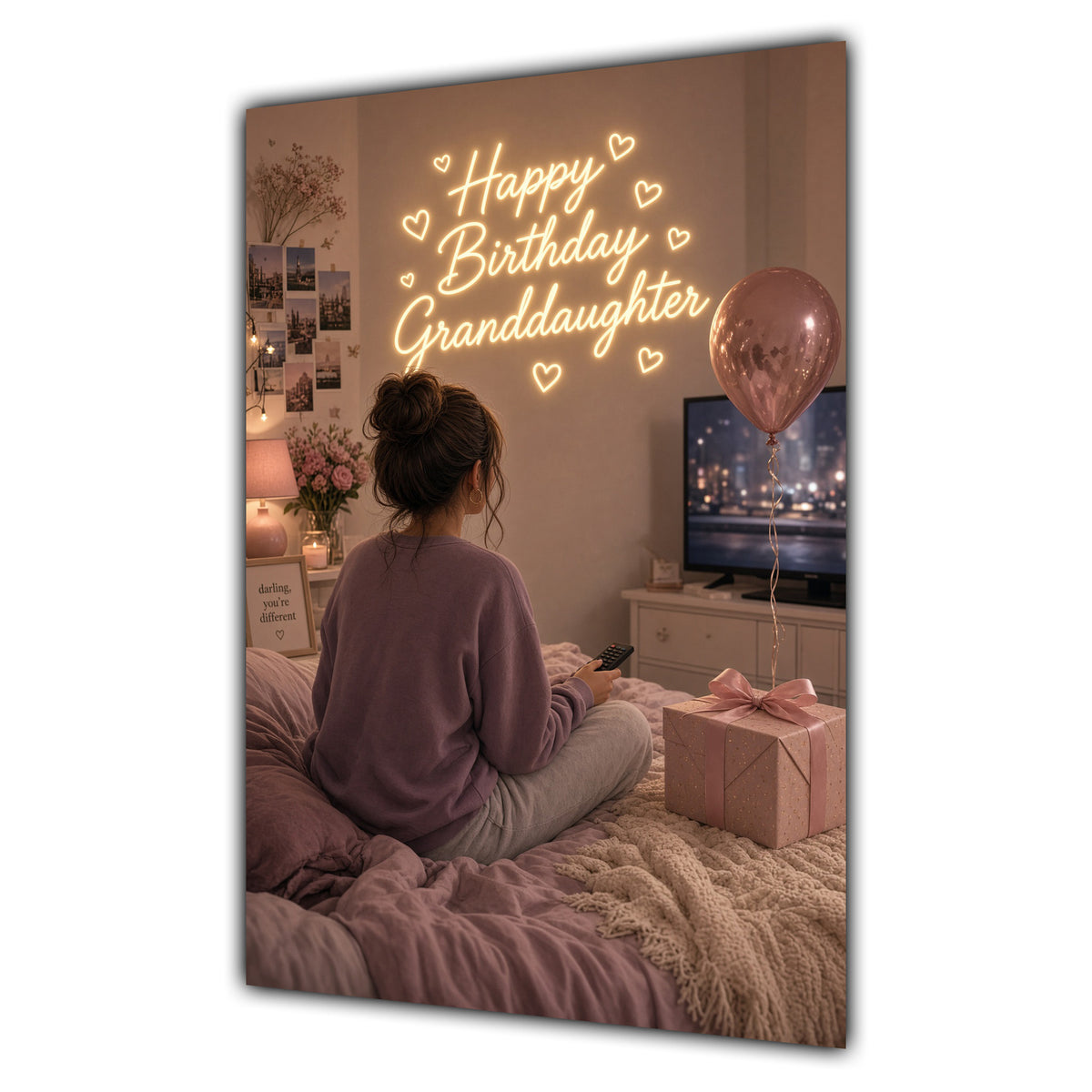 Happy Birthday Granddaughter Brown Hair Pink TV Bedroom Card A5