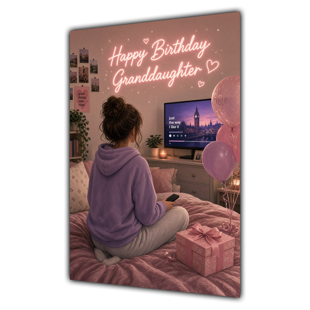 Happy Birthday Granddaughter Brown Hair Pink TV Bedroom Card A5