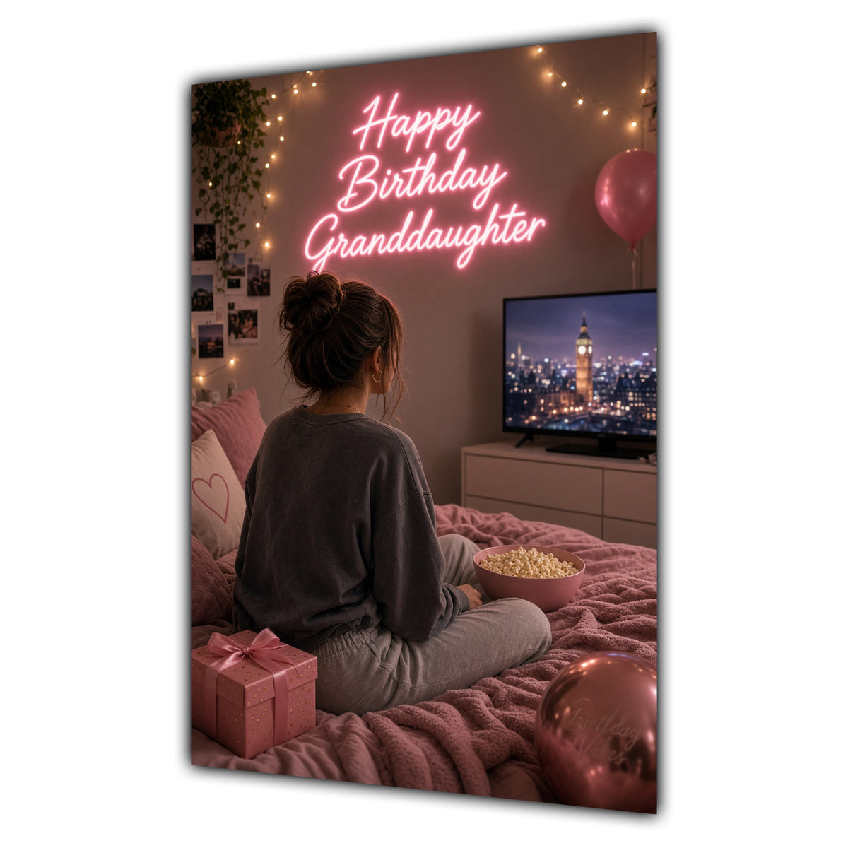 Happy Birthday Granddaughter Brown Hair Pink TV Bedroom Card A5
