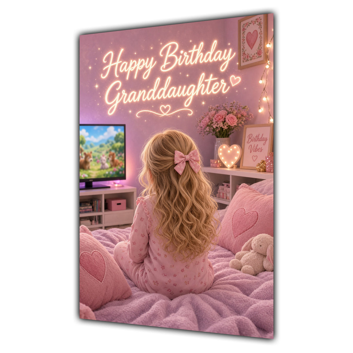 Happy Birthday Granddaughter Blonde Hair Pink TV Bedroom Card A5