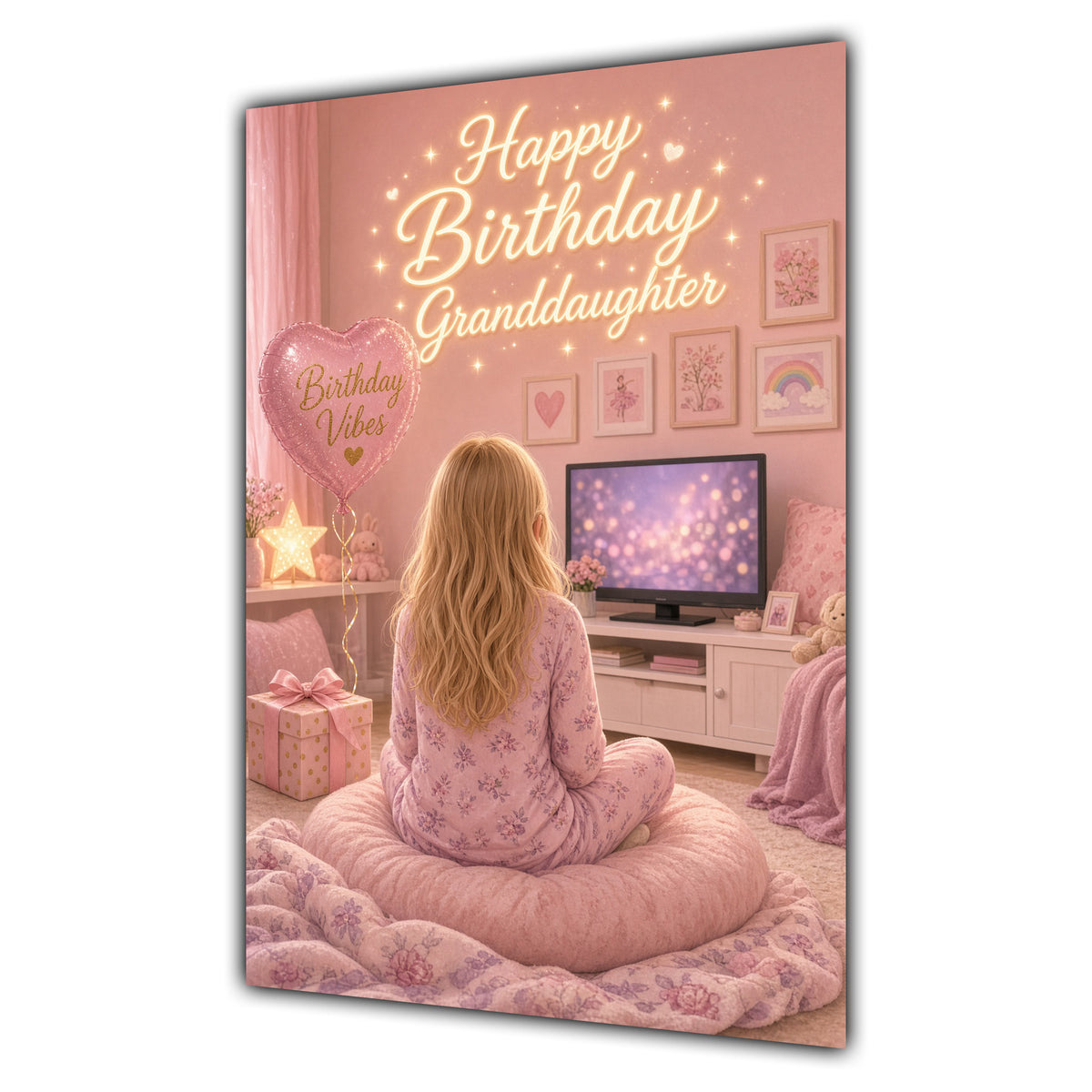 Happy Birthday Granddaughter Blonde Hair Pink TV Bedroom Card A5