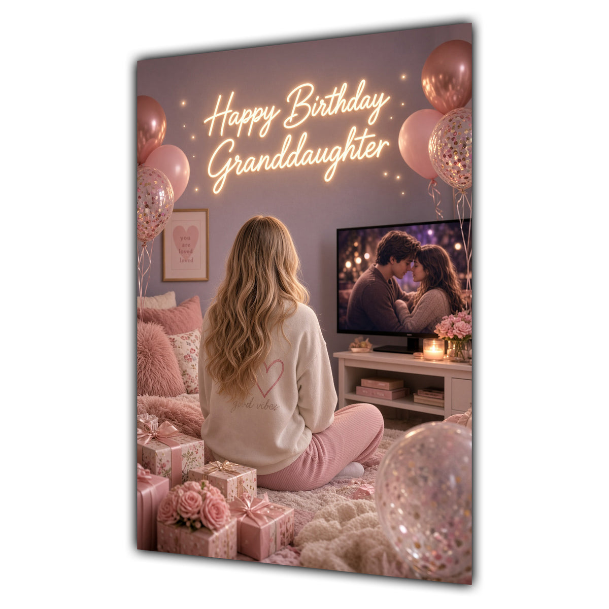 Happy Birthday Granddaughter Blonde Hair Pink TV Bedroom Card A5
