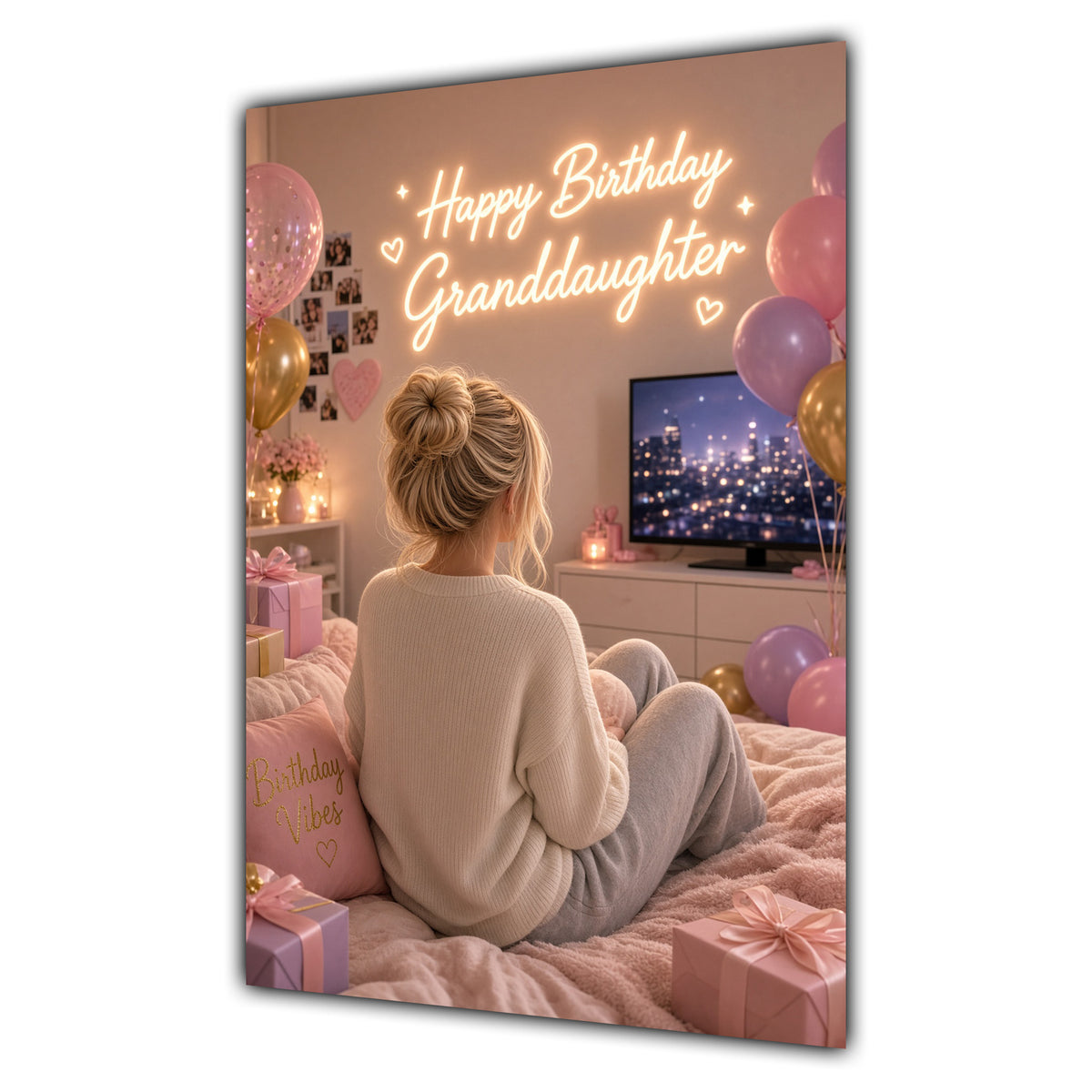 Happy Birthday Granddaughter Blonde Hair Pink TV Bedroom Card A5