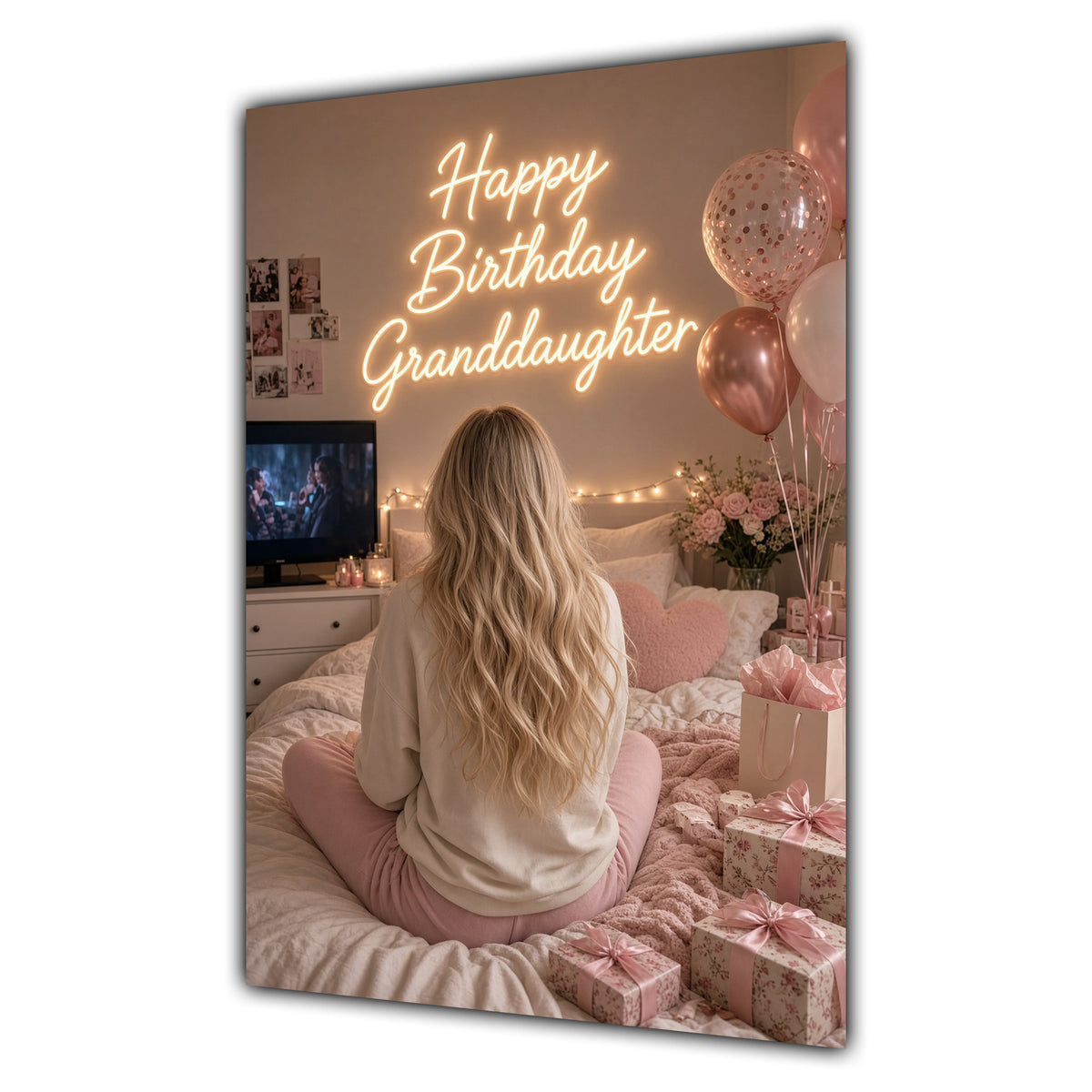 Happy Birthday Granddaughter Blonde Hair Pink TV Bedroom Card A5