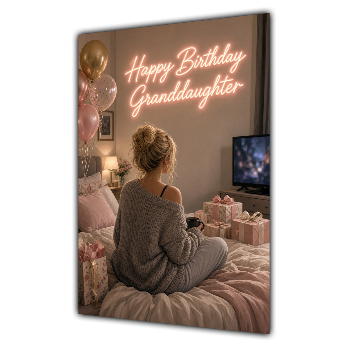 Happy Birthday Granddaughter Blonde Hair Pink TV Bedroom Card A5