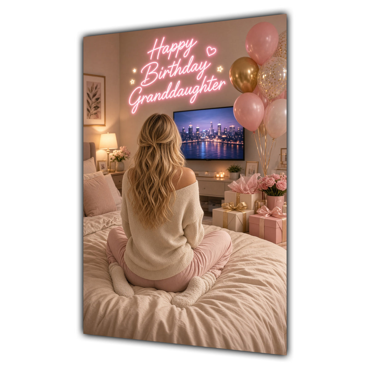 Happy Birthday Granddaughter Blonde Hair Pink TV Bedroom Card A5