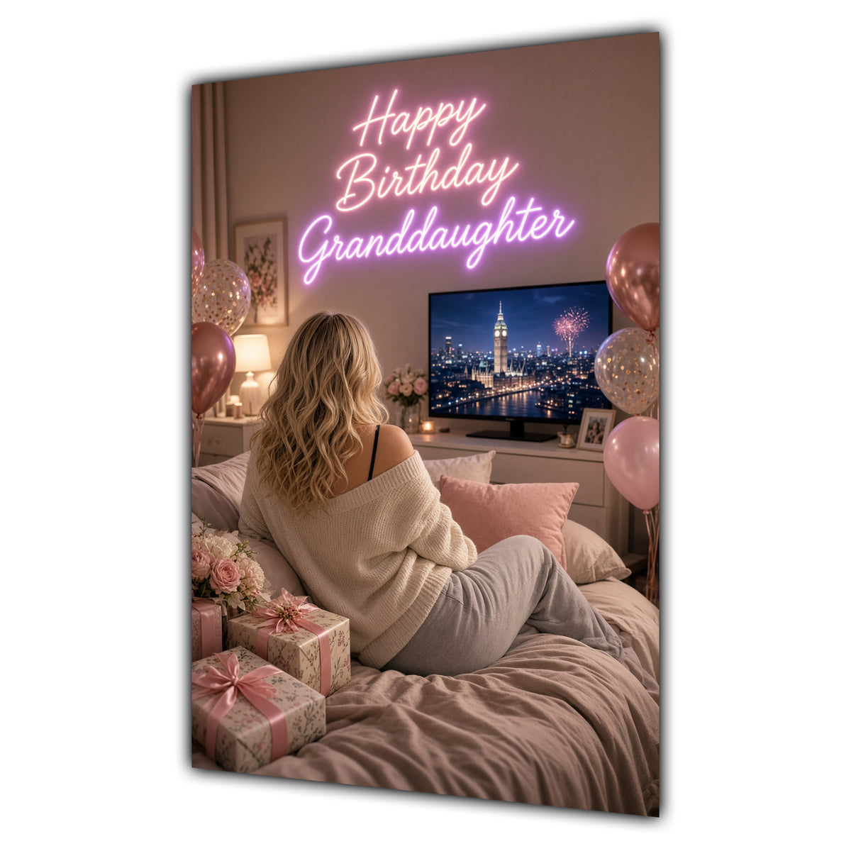 Happy Birthday Granddaughter Blonde Hair Pink TV Bedroom Card A5