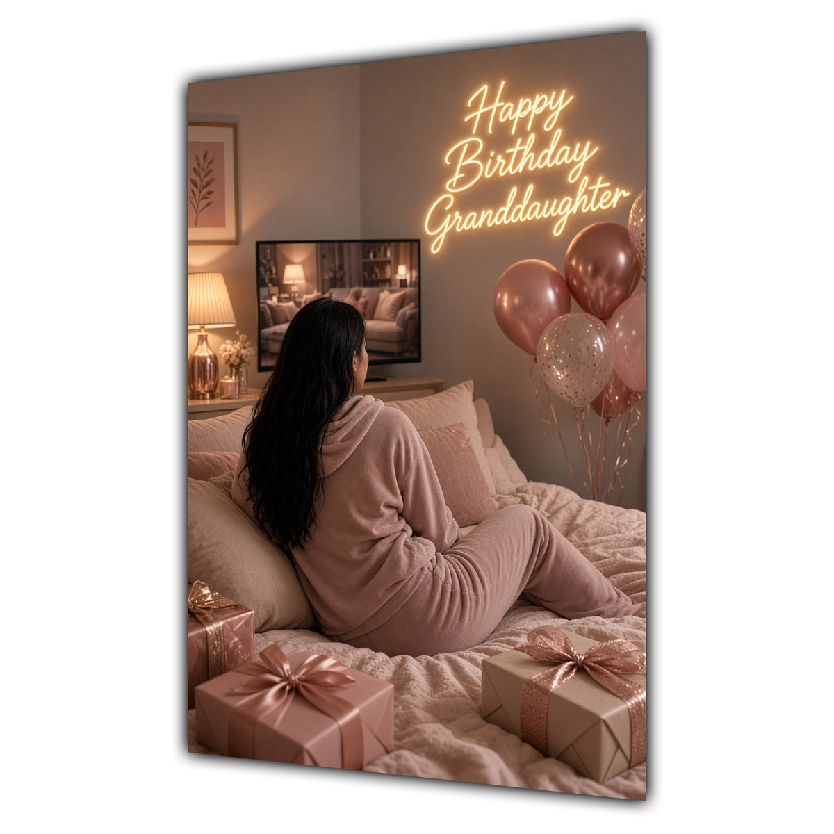 Happy Birthday Granddaughter Black Hair Pink TV Bedroom Card A5