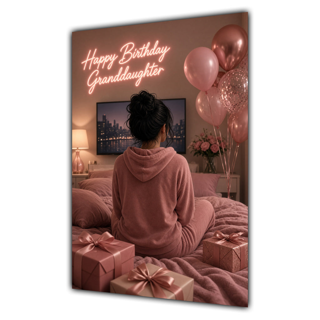 Happy Birthday Granddaughter Black Hair Pink TV Bedroom Card A5
