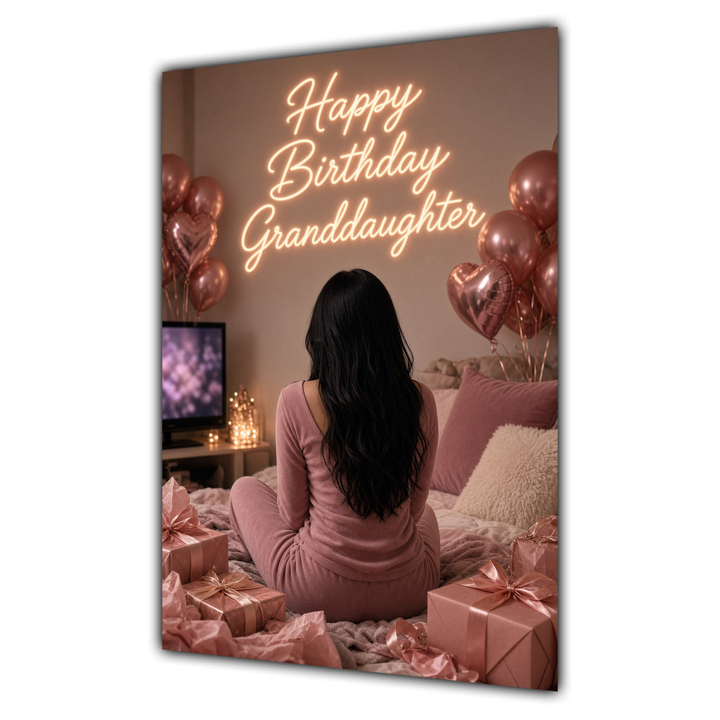Happy Birthday Granddaughter Black Hair Pink TV Bedroom Card A5