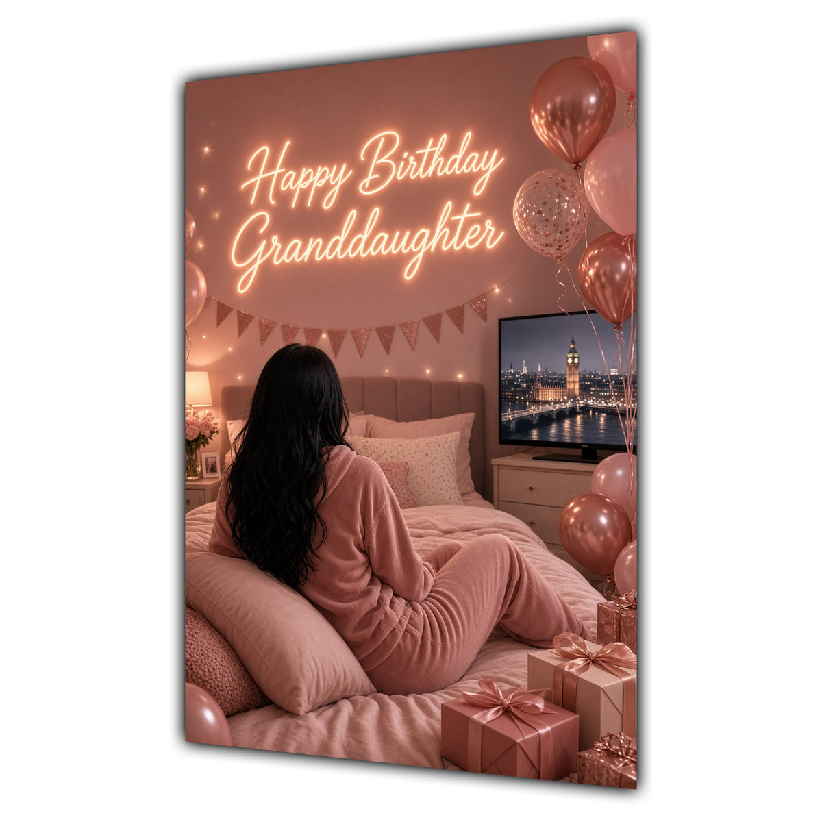 Happy Birthday Granddaughter Black Hair Pink TV Bedroom Card A5