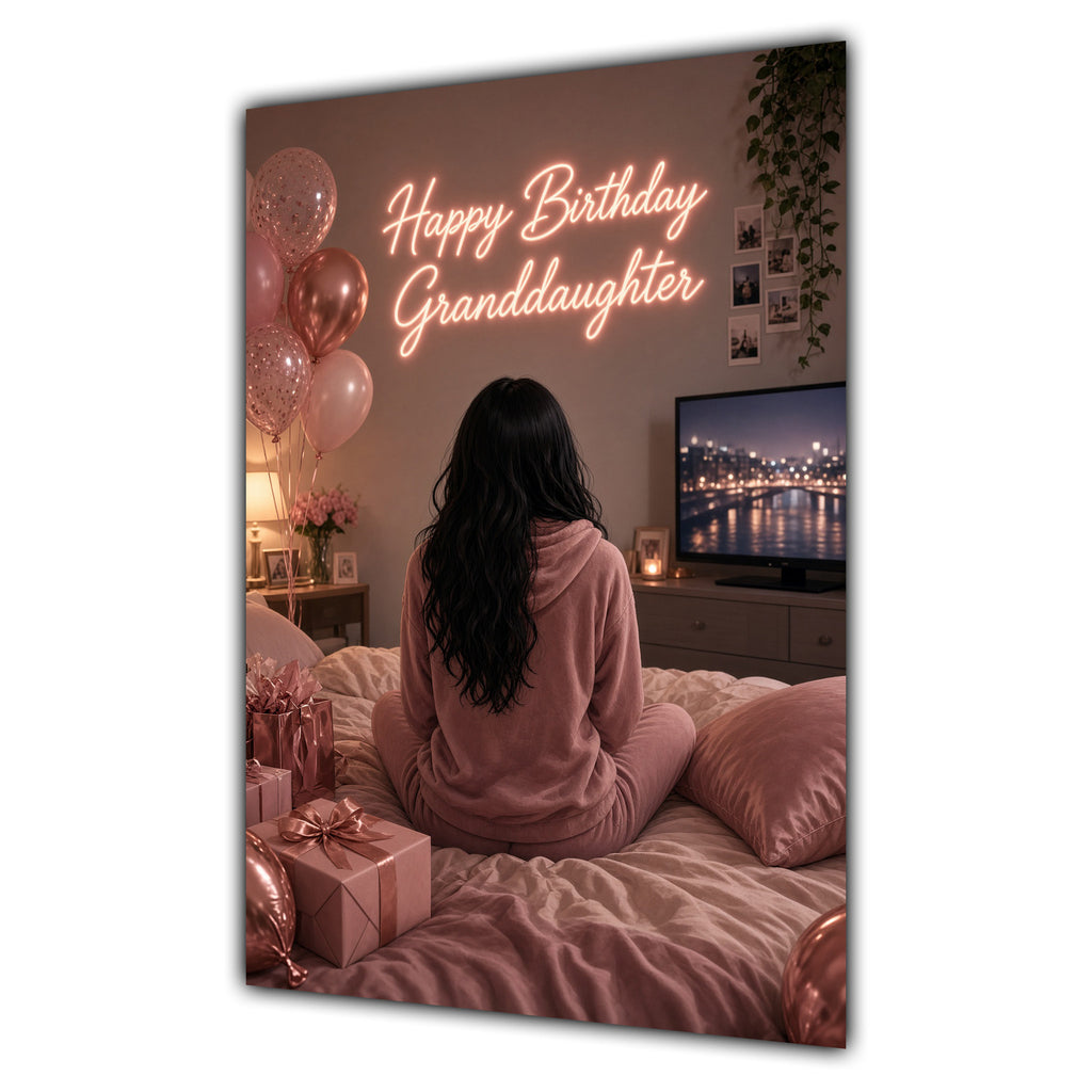 Happy Birthday Granddaughter Black Hair Pink TV Bedroom Card A5
