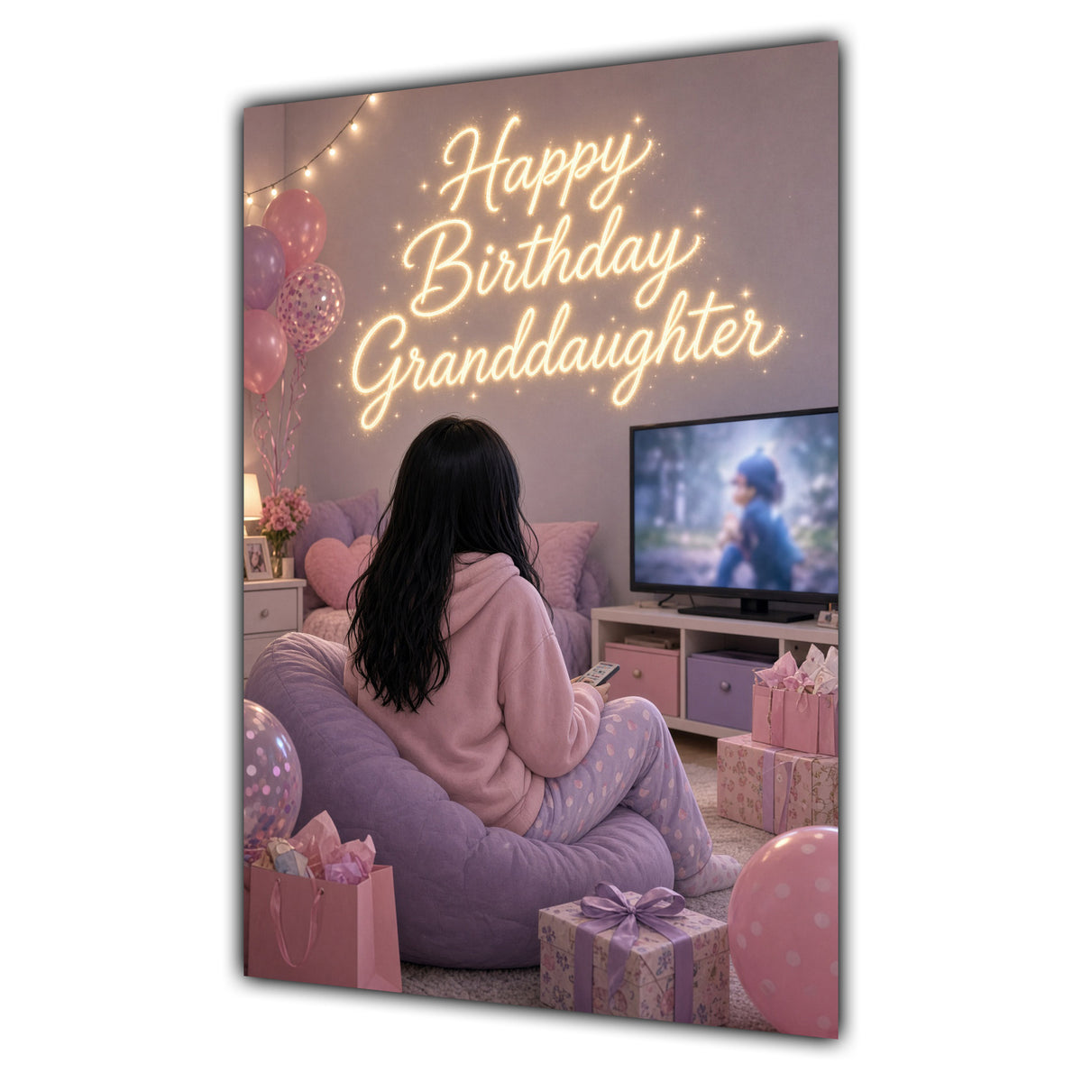 Happy Birthday Granddaughter Black Hair Pink TV Bedroom Card A5