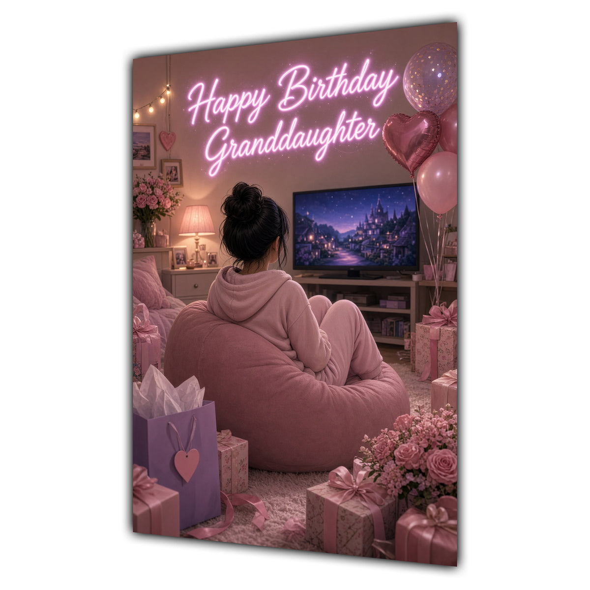 Happy Birthday Granddaughter Black Hair Pink TV Bedroom Card A5